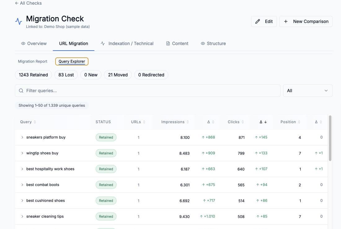 URLMatcher Query Explorer with query status and Search Console changes